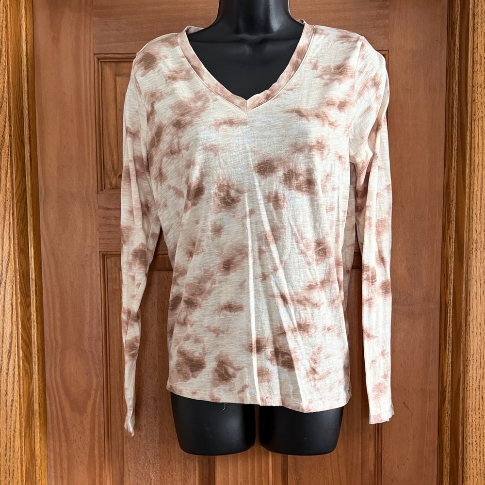 Sonoma Women's Size S Cream & Brown The Everyday Tee Long Sleeve V-Neck Top